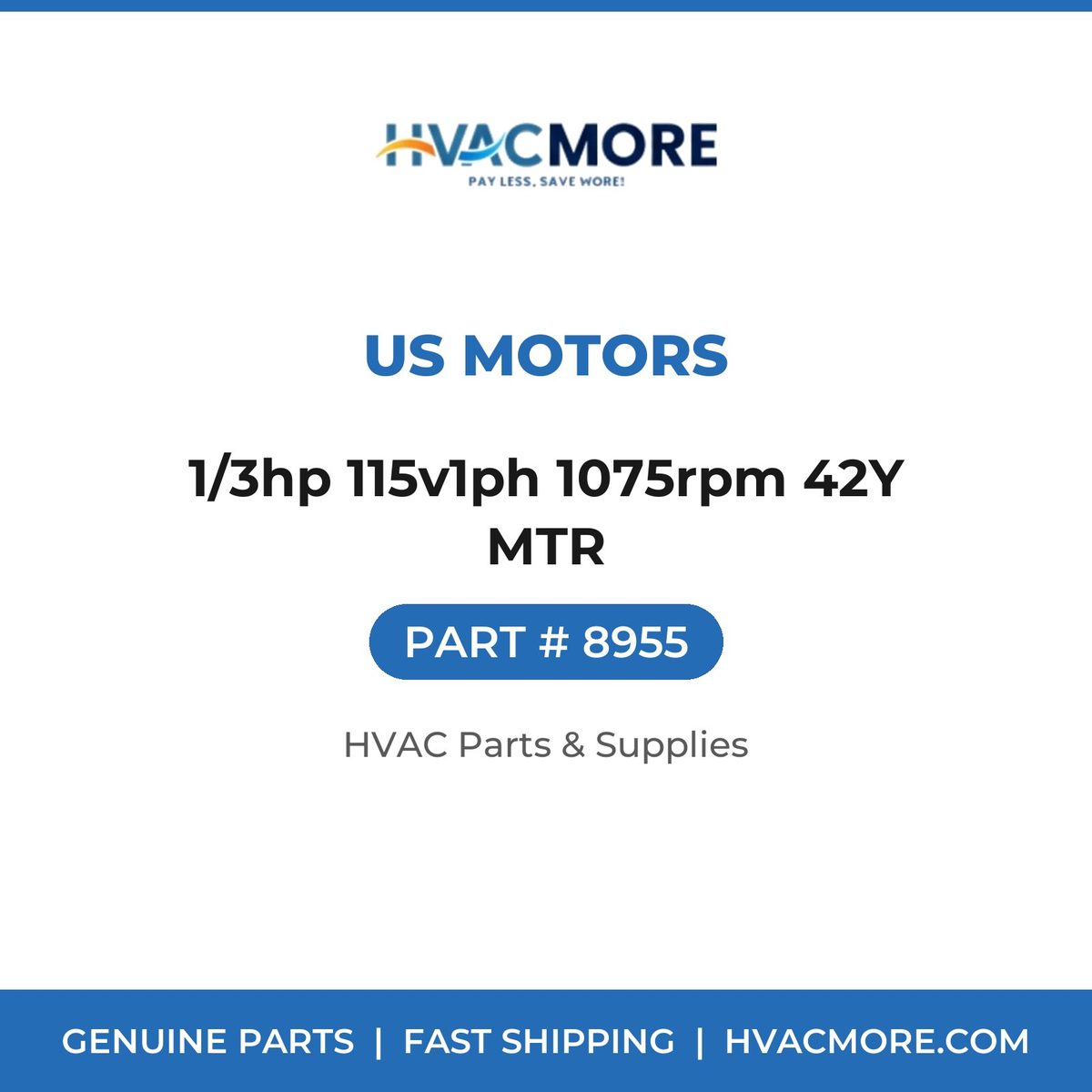 US Motors 1/3hp 115v1ph 1075rpm 42Y MTR 8955