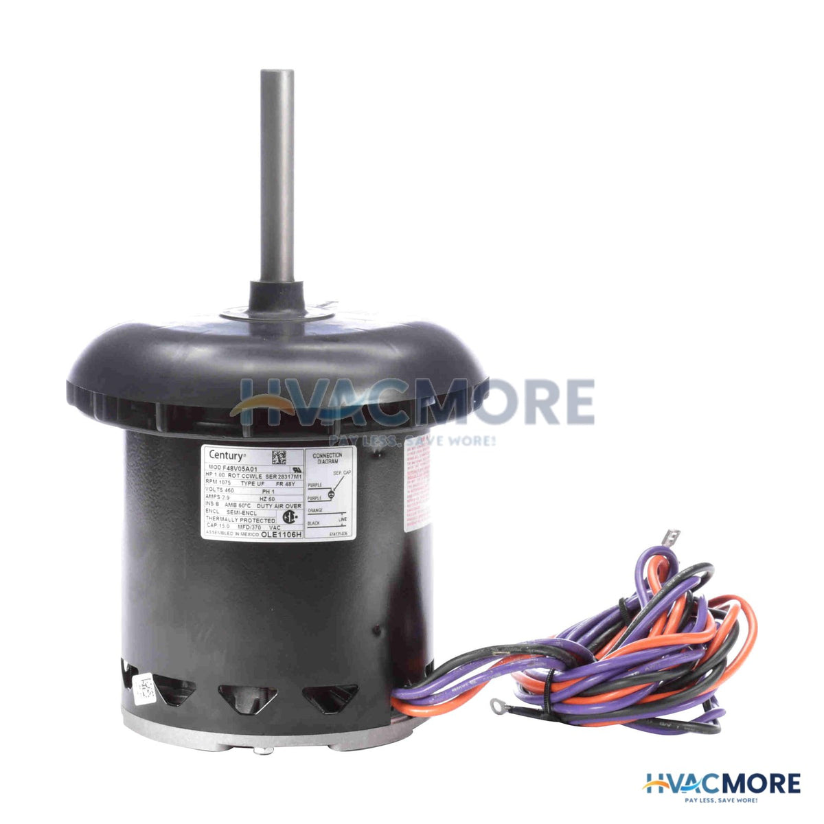 Century 1 HP 460V OEM Replacement CCWLE Motor, 1PH, 1075 RPM, 48 Frame, Semi Enclosed OLE1106H