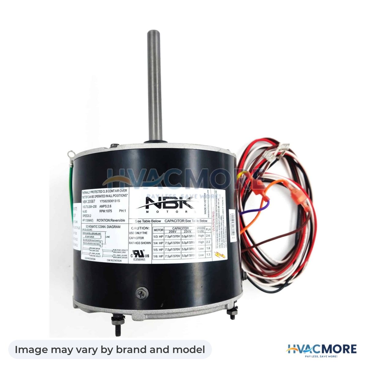 NBK Parts CONDENSER MOTOR 208-230V, 1075 RPM, 1/6-1/3 HP, Rev. Rotation HVM-5462H - Image may vary by brand and model