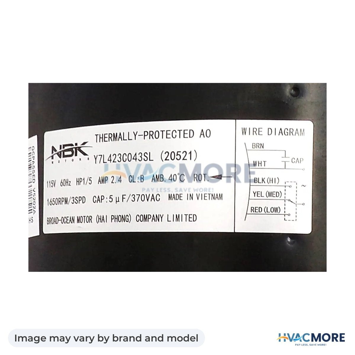 NBK Parts Fan Motor 1/5 HP, 115V HVM-ORV4540 - Image may vary by brand and model
