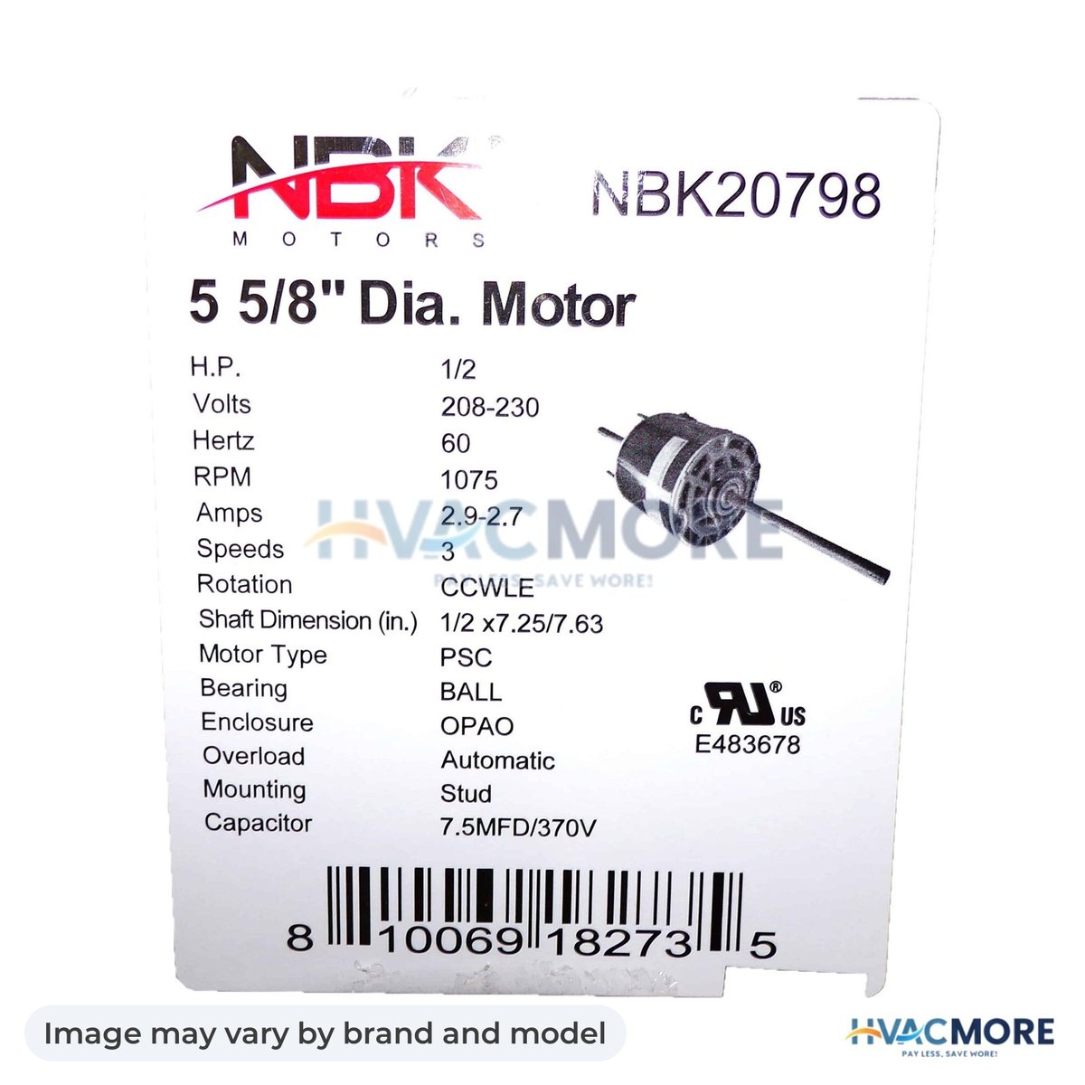 NBK Parts Fan Coil Motor 1/2 HP 208/230 Kit HVM-RA-1056 - Image may vary by brand and model