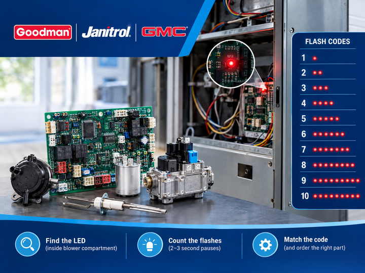 Goodman Furnace Flash Codes: Diagnose by LED Count and Find the OEM Part in 2026 (Janitrol & GMC Cross-Reference)