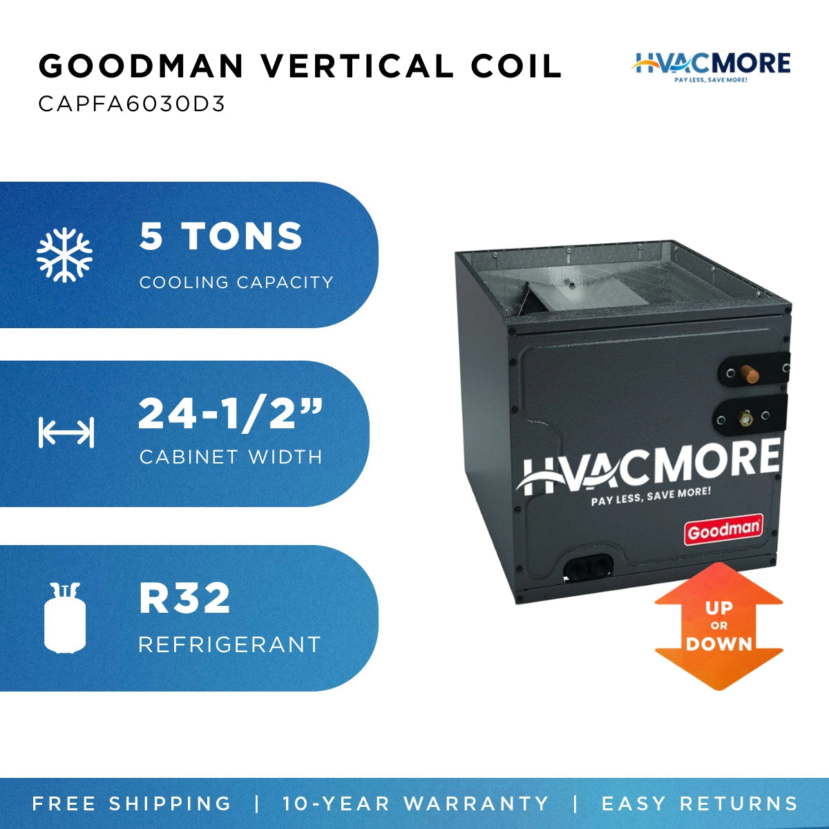 Goodman 5 Ton Cased Evaporator A-Coil 24.5" Cabinet Upflow/Downflow R-32 CAPFA6030D3