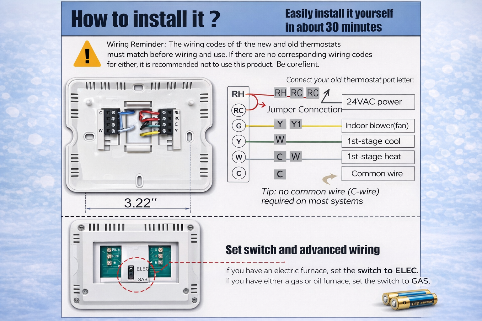 Digital Non Programmable Wall Thermostat Heat / Cool (Batteries Included)