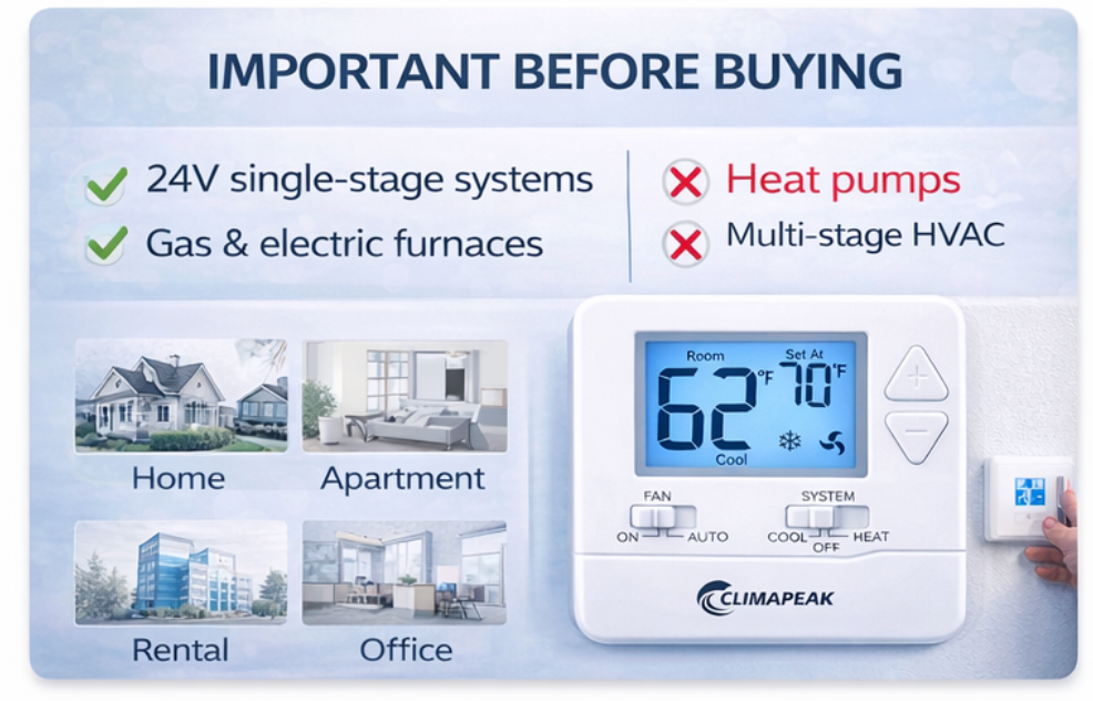 Digital Non Programmable Wall Thermostat Heat / Cool (Batteries Included)