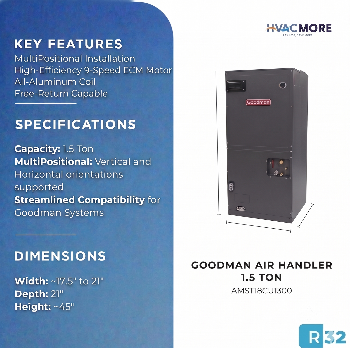 Goodman 1.5 Ton Multi Positional Ducted Air Handler AMST24BU1300