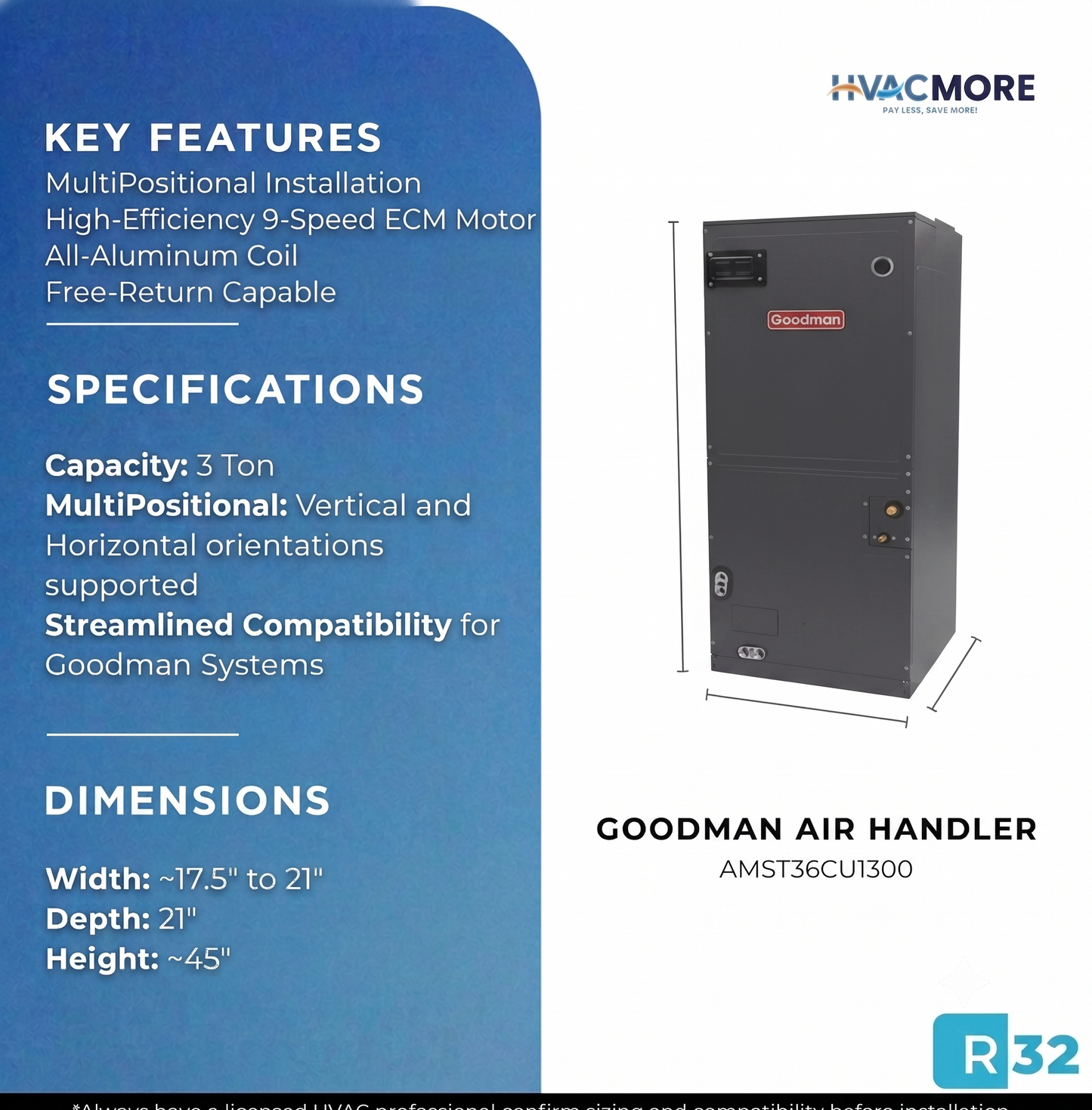Goodman 3 Ton MultiPositional Air Handler AMST36CU1300
