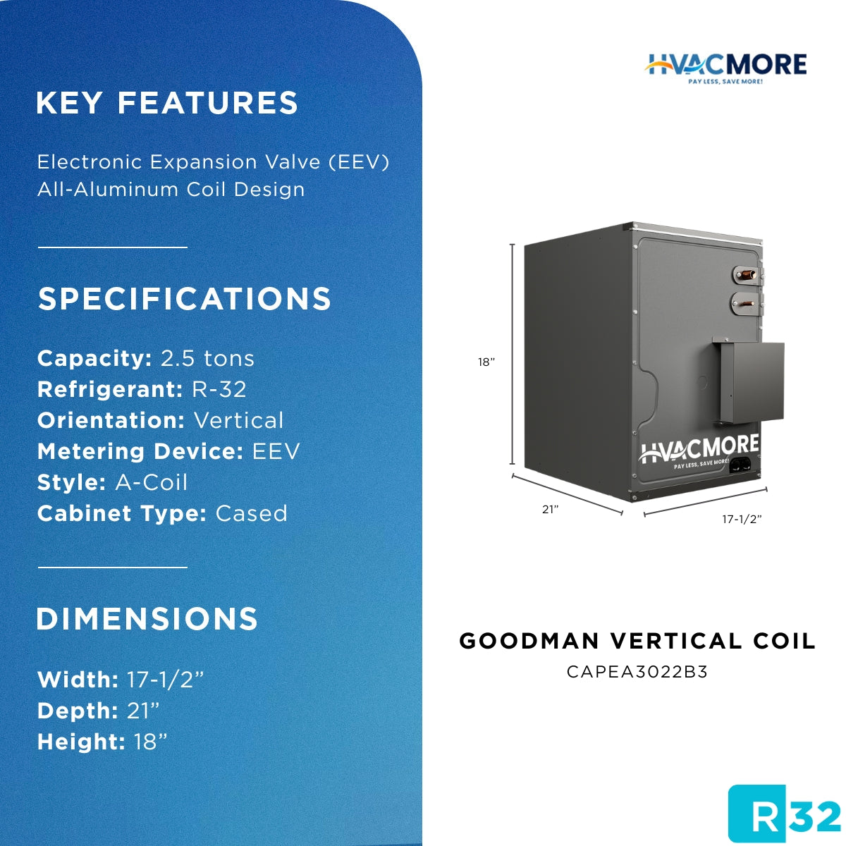 Goodman 2.5 Ton 17.5" Cased Upflow/Downflow Evaporator Coil EEV R-32 - CAPEA3022B3