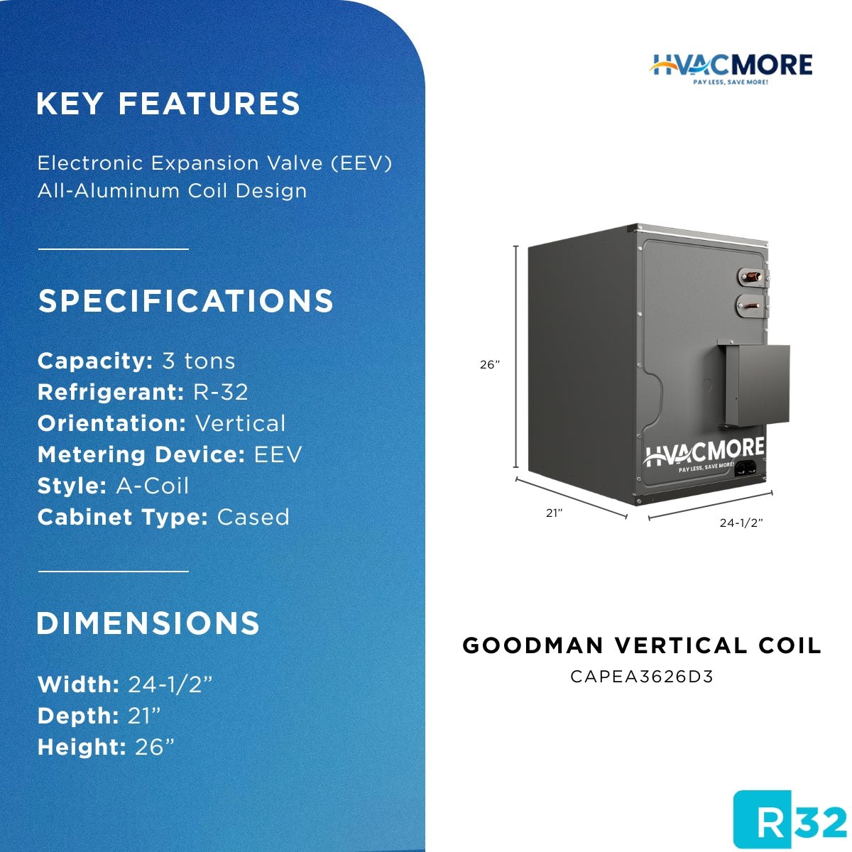 Goodman 3 Ton 24.5" Cased Upflow/Downflow Evaporator Coil EEV R-32 - CAPEA3626D3
