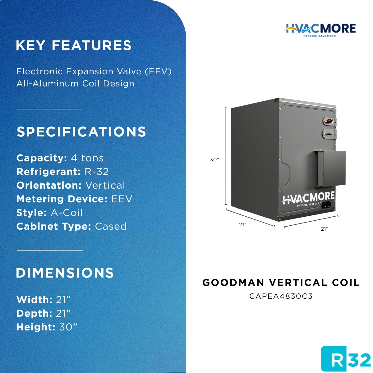 Goodman 4 Ton 21" Cased Upflow/Downflow Evaporator Coil EEV R-32 - CAPEA4830C3