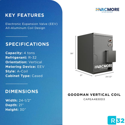 Goodman 4 Ton 24.5" Cased Upflow/Downflow Evaporator Coil EEV R-32 - CAPEA4830D3