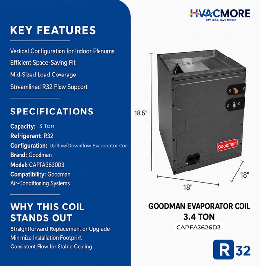 Goodman 3 Ton Cased Evaporator A Coil Upflow Downflow Cabinet CAPFA3626D3 R32
