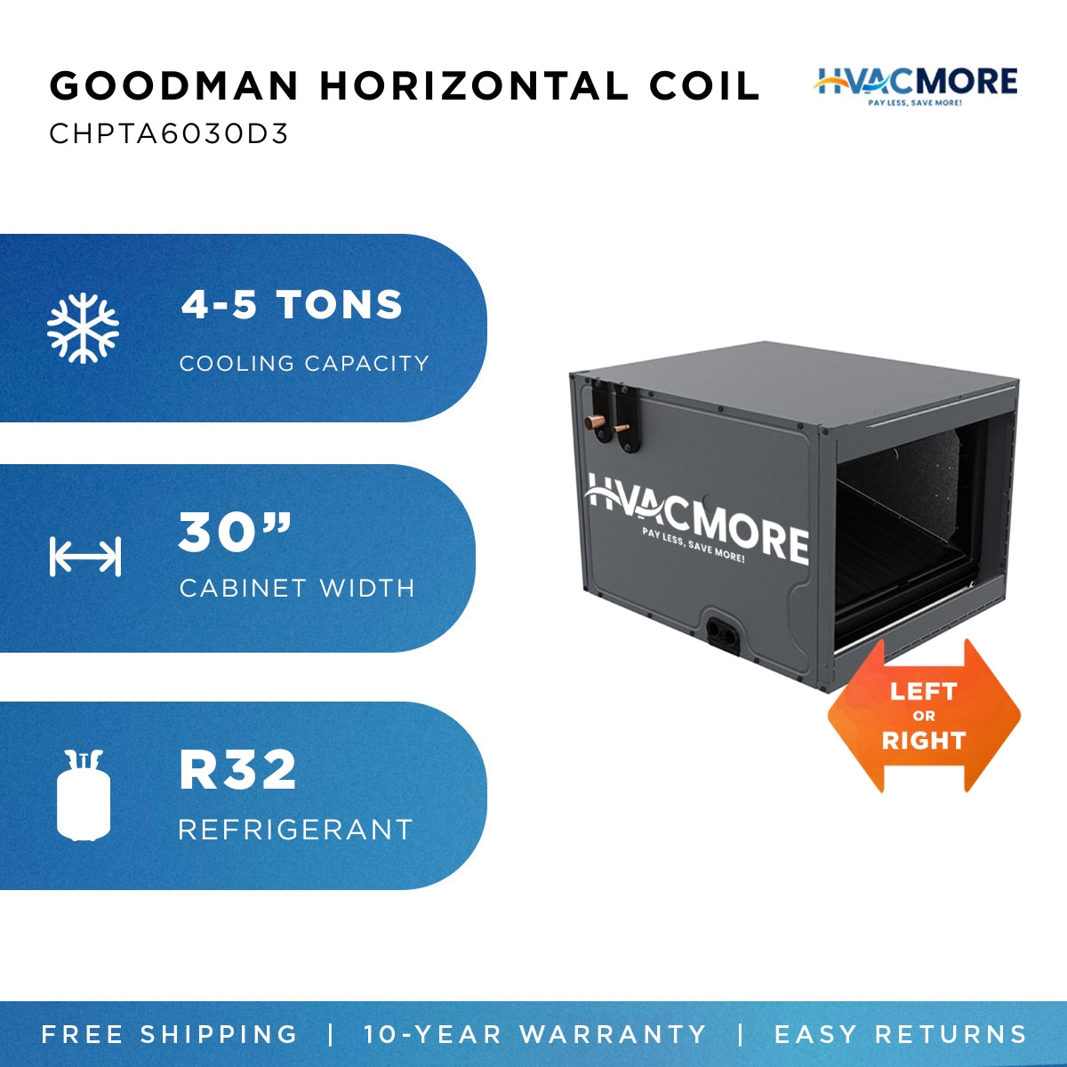 Goodman 4-5 Ton Cased Horizontal Evaporator A-Coil with TXV 30"W x 24.5"H R-32 - CHPTA6030D3