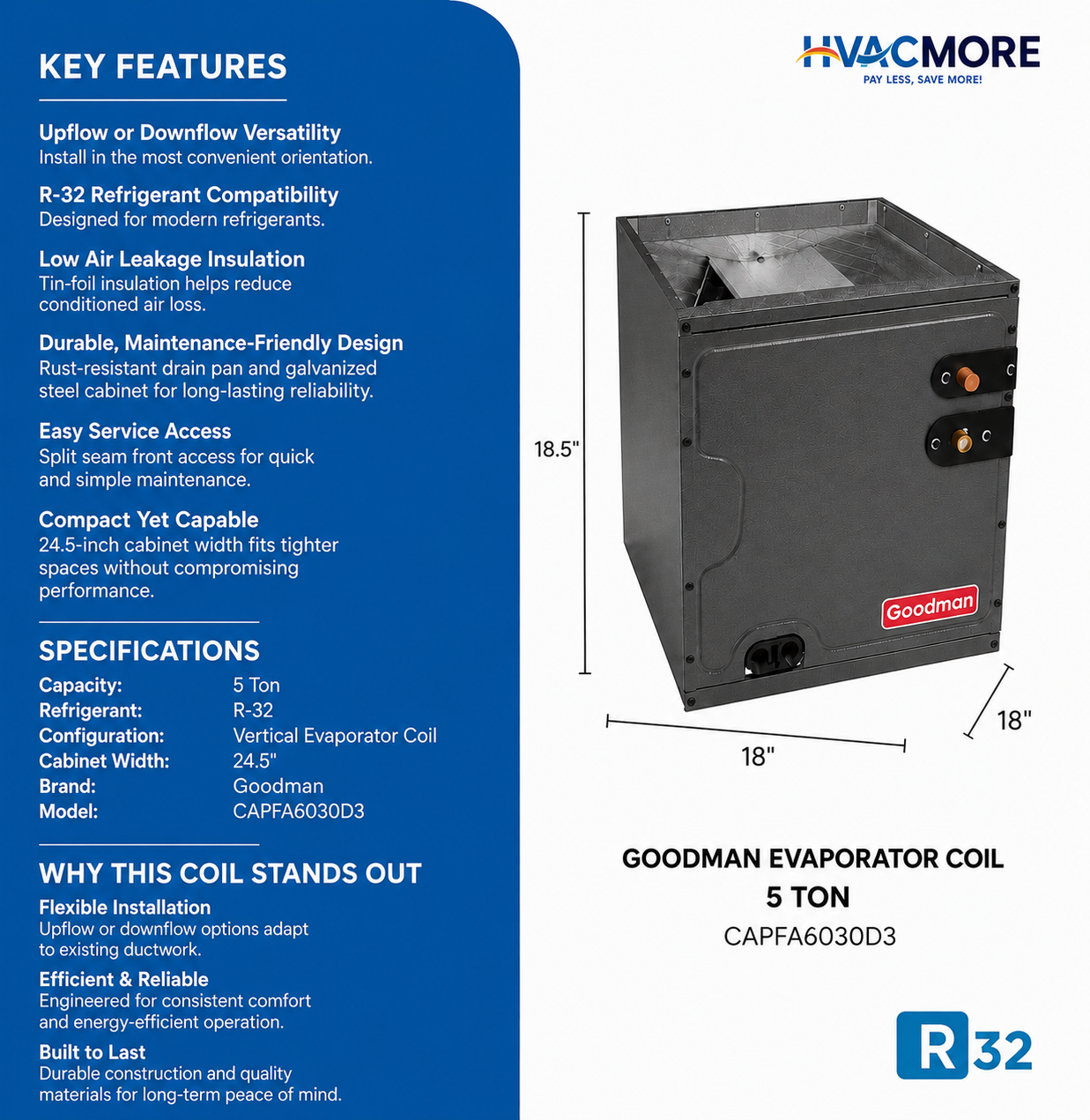 Goodman 5 Ton Cased Evaporator A-Coil 24.5" Cabinet Upflow/Downflow R-32 - CAPFA6030D3