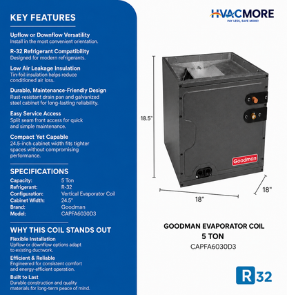 Goodman 5 Ton Cased Evaporator A-Coil 24.5" Cabinet Upflow/Downflow R-32 - CAPFA6030D3
