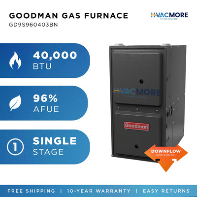 Goodman 40K BTU 96 Percent AFUE Gas Furnace Downflow Or Horizontal 17.5 Cabinet