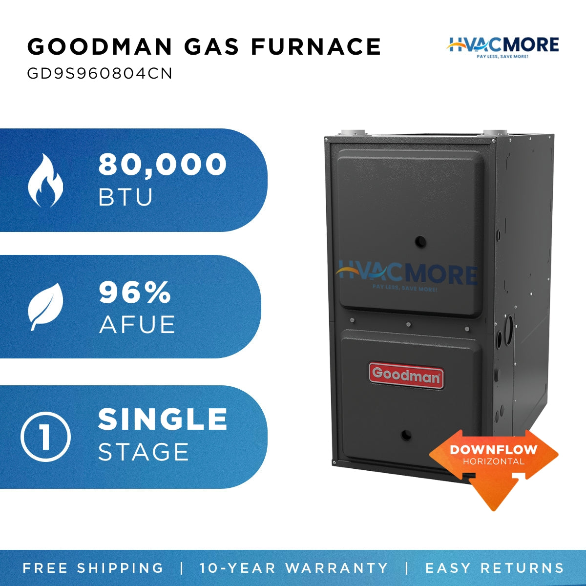 Goodman 80,000 BTU 96% AFUE Single-Stage Gas Furnace Downflow/Horizontal 21" Cabinet R-32