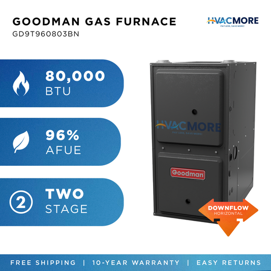 Goodman 80,000 BTU 96% AFUE Two-Stage Gas Furnace Downflow/Horizontal 17.5" Cabinet R-32 - GD9T960803BN