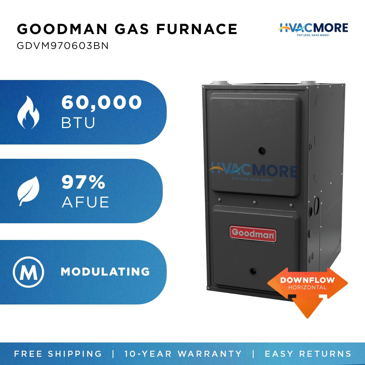 Goodman 60,000 BTU 97% AFUE Modulating Variable Speed Gas Furnace Downflow/Horizontal 17.5" Cabinet R-32