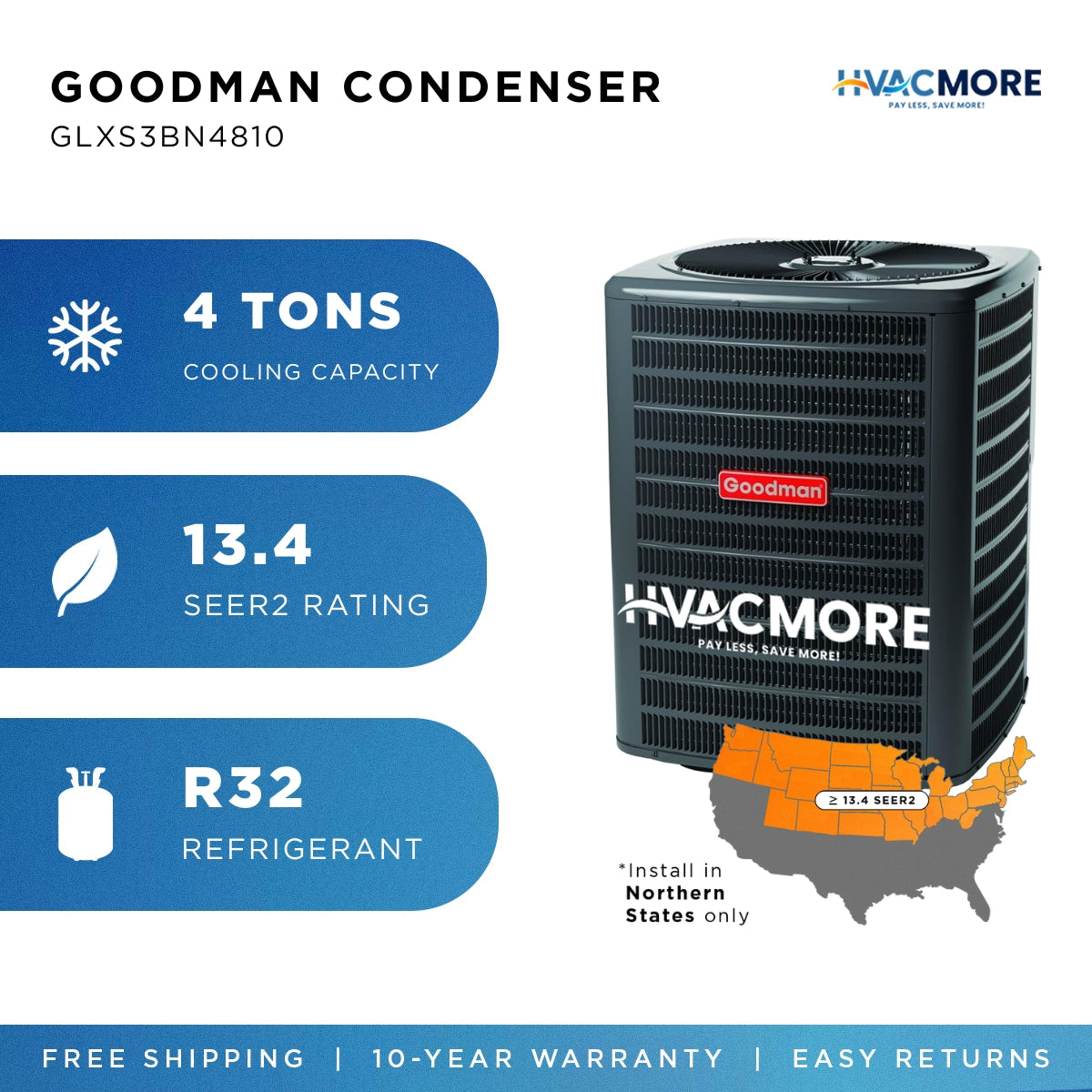 Goodman 4 Ton 13.4 SEER2 Single-Stage AC Condenser R-32 Northern Region