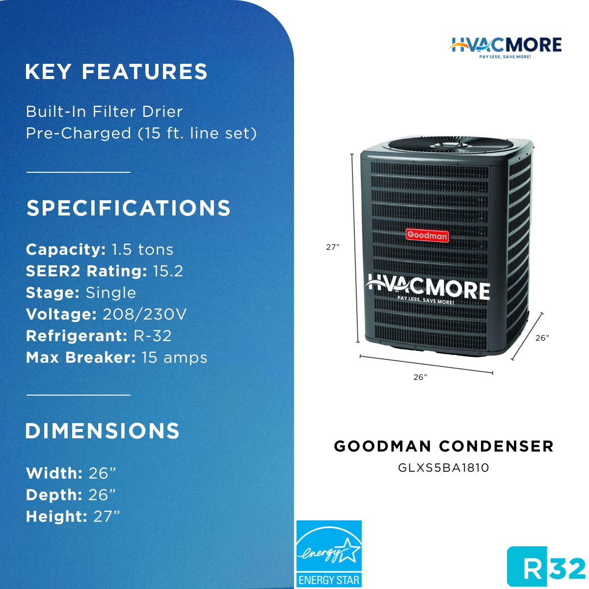Goodman 1.5 Ton R-32 Heat Pump R32 Condenser 15.2 SEER2