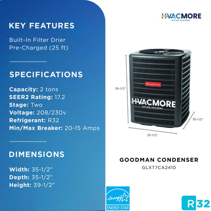 Goodman 2 Ton 17.2 SEER2 Two-Stage AC Condenser ComfortBridge R-32
