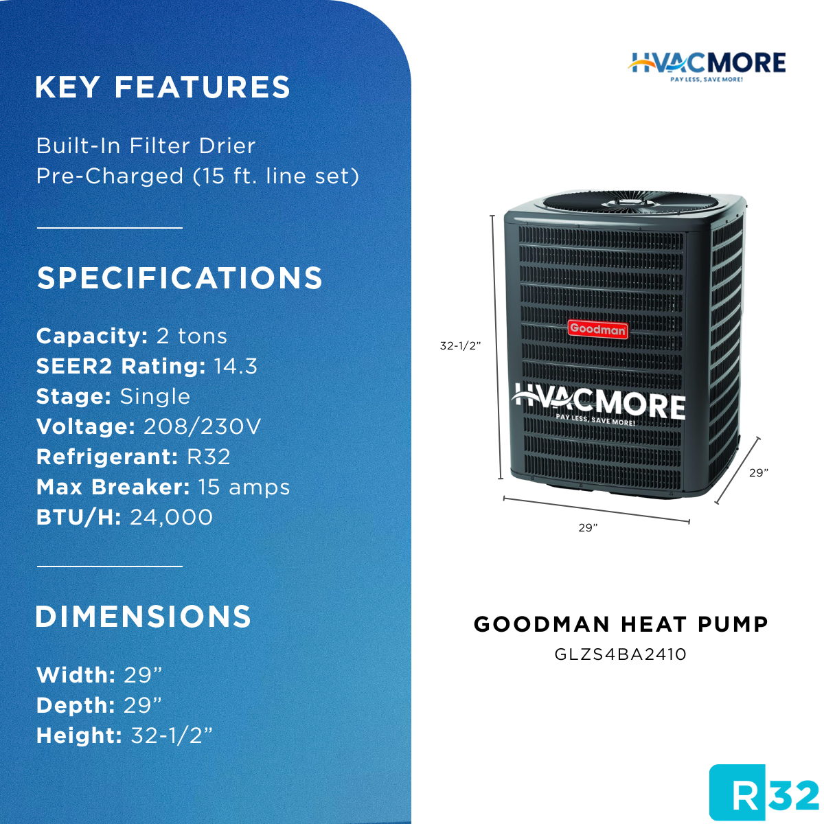 Goodman 2 Ton 14.3 SEER2 7.8 HSPF2 Single-Stage Heat Pump Condenser R-32
