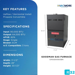 Goodman 80K BTU Gas Furnace 80% AFUE Single Stage Upflow Horizontal 17.5 Inch