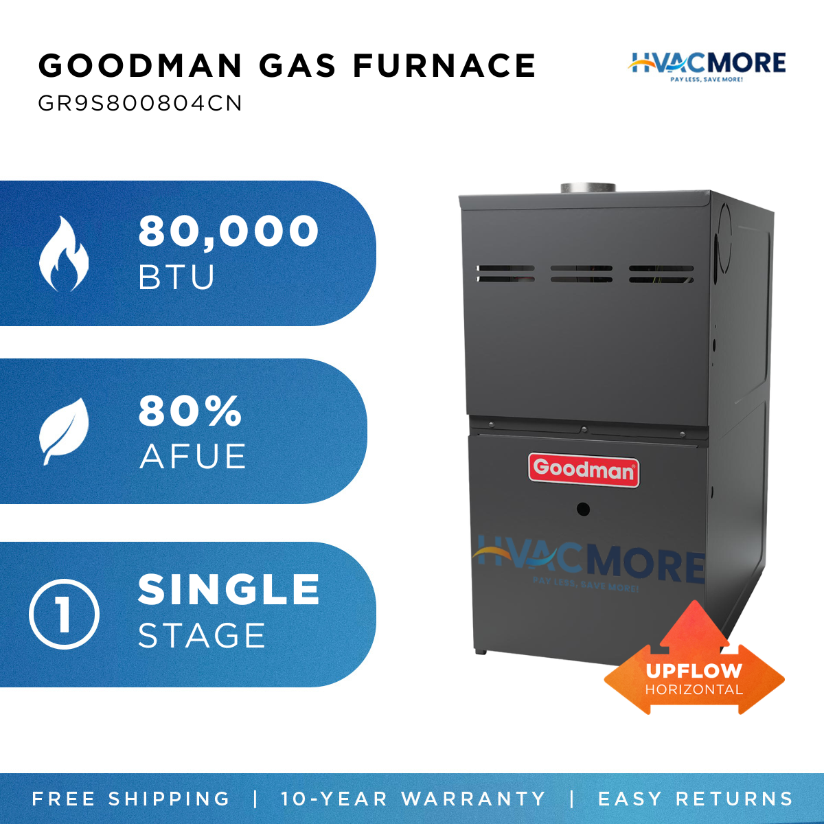 Goodman 80,000 BTU 80% AFUE Single-Stage Gas Furnace Upflow/Horizontal 21" Cabinet R-32