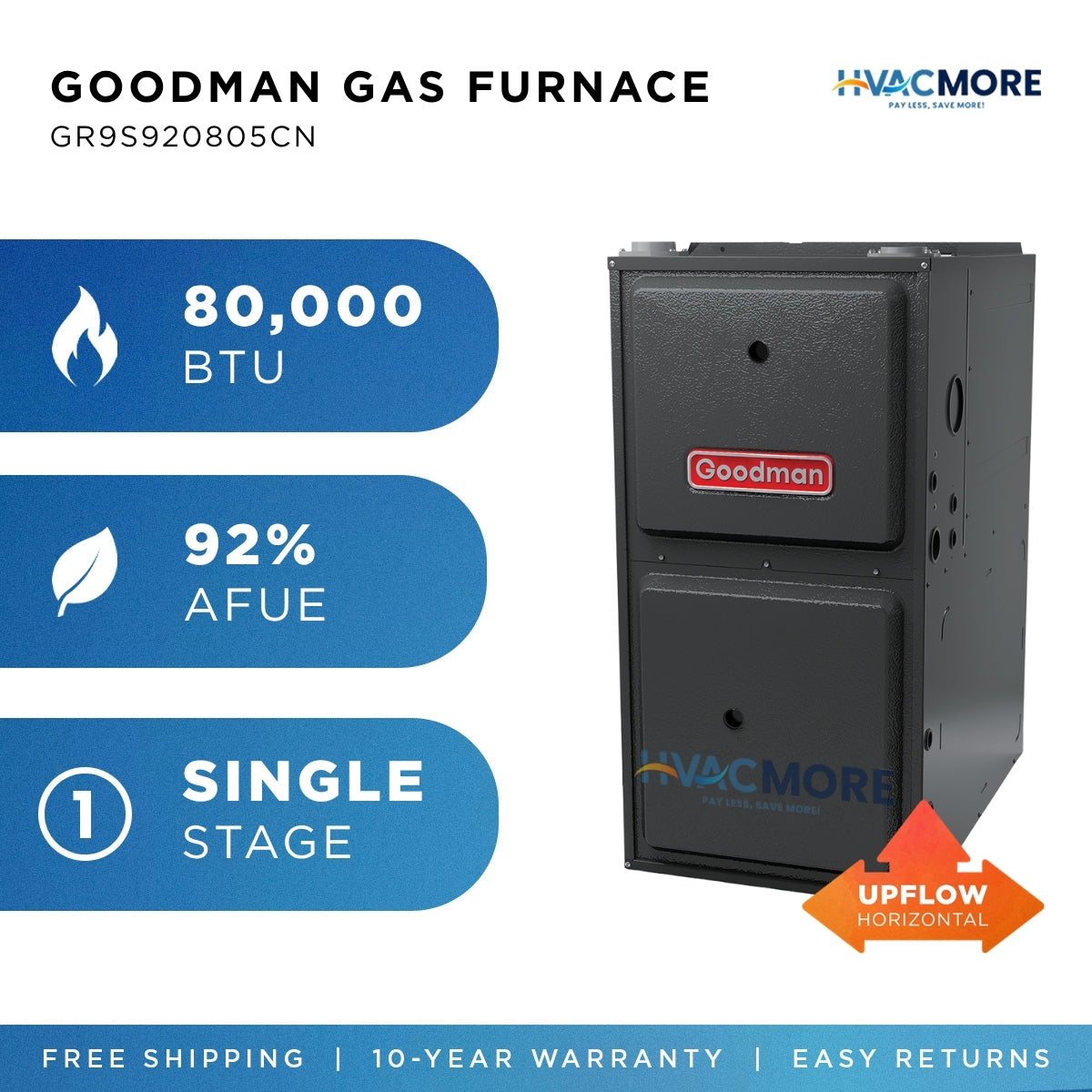 Goodman 80,000 BTU 92% AFUE Single-Stage Gas Furnace Upflow/Horizontal 21" Cabinet 5-Ton R-32