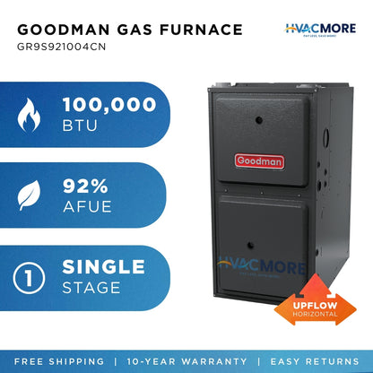 100,000 BTU 92% AFUE Single Stage Goodman Gas Furnace, Upflow/Horizontal