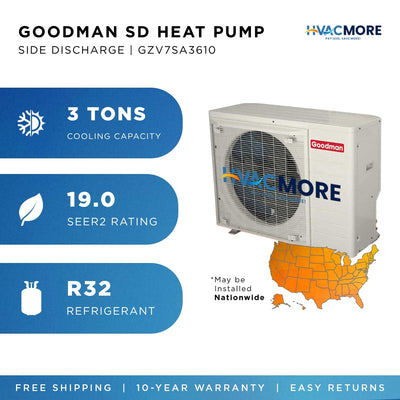 Goodman 3 Ton Up to 19.0 SEER2 8.8 HSPF2 Variable-Speed Inverter Cold Climate Heat Pump Side Discharge All Regions R-32
