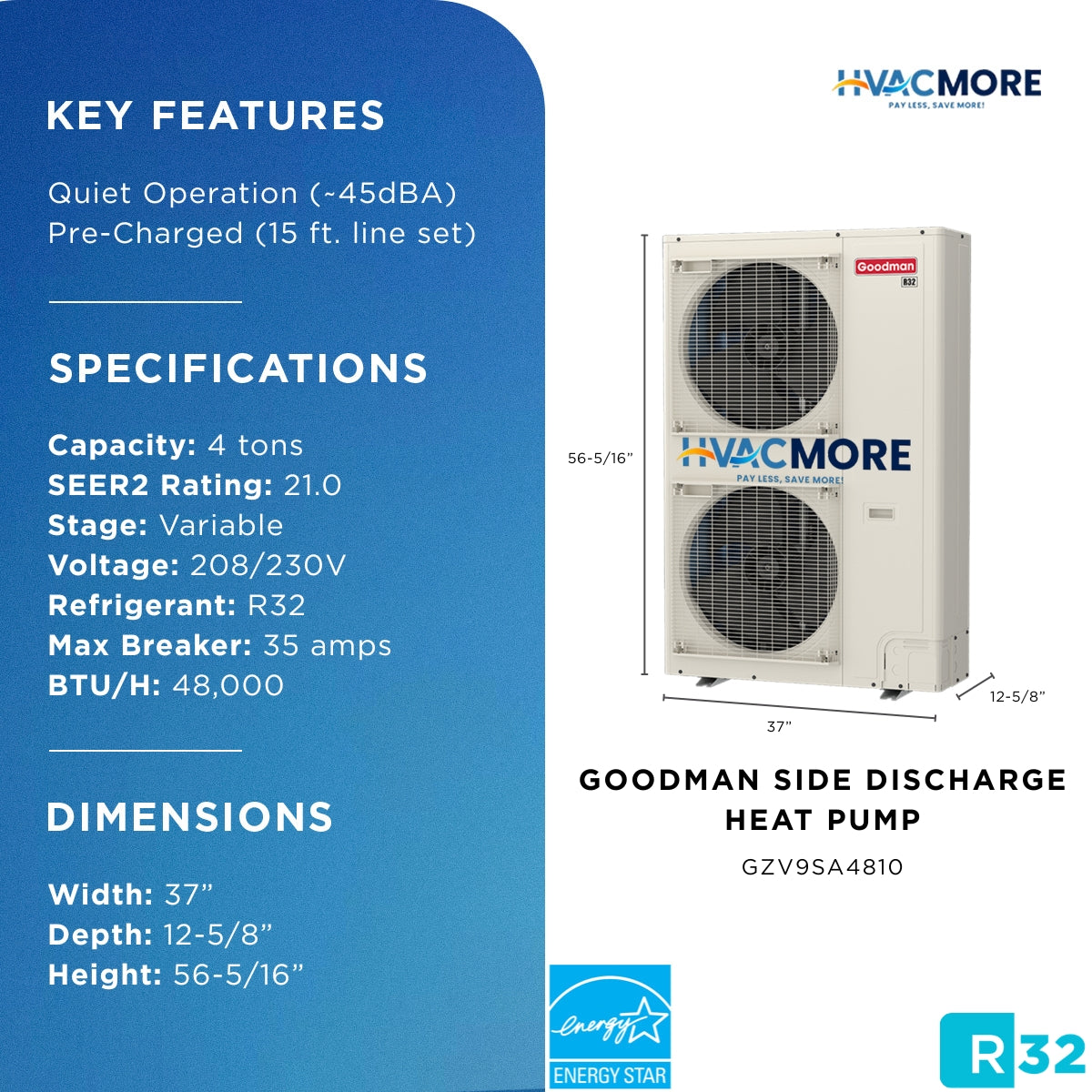 Goodman 4 Ton Up to 18.0 SEER2 9.0 HSPF2 Variable-Speed Inverter Heat Pump Top Discharge All Regions R-32