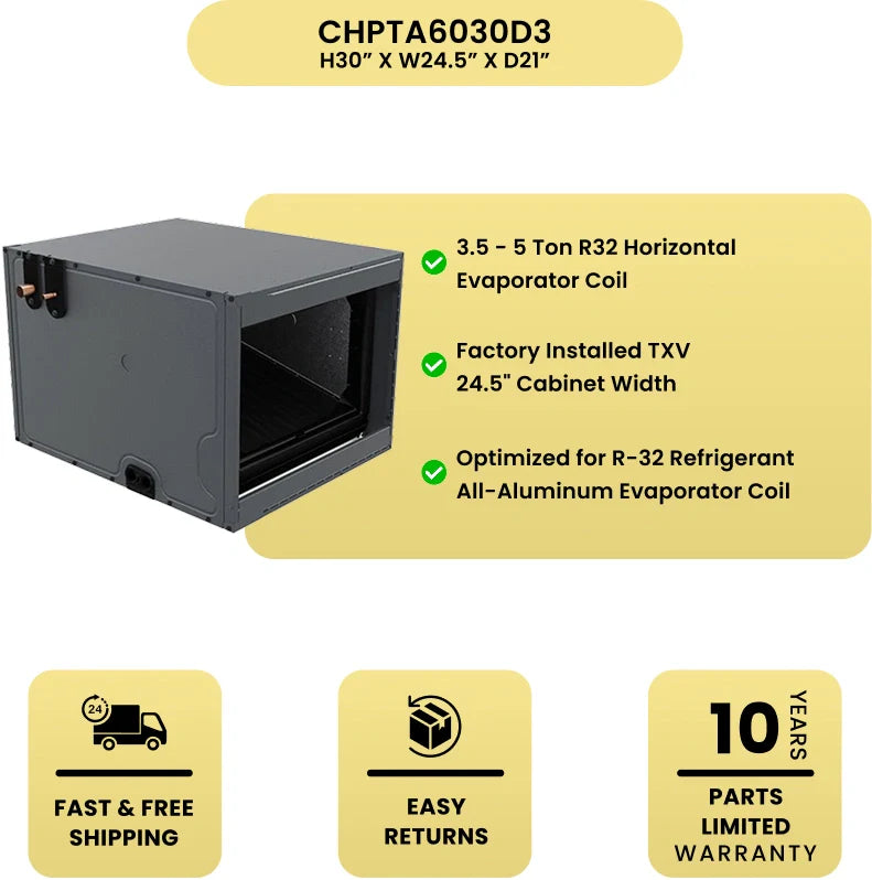 Goodman 4-5 Ton Cased Horizontal Evaporator A-Coil with TXV 30"W x 24.5"H R-32 - CHPTA6030D3