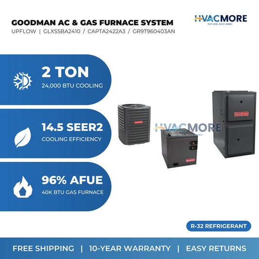 Goodman 2 Ton 14.5 SEER2 R-32 Air Conditioner + 40,000 BTU 96% AFUE Two-Stage Gas Furnace System - Upflow