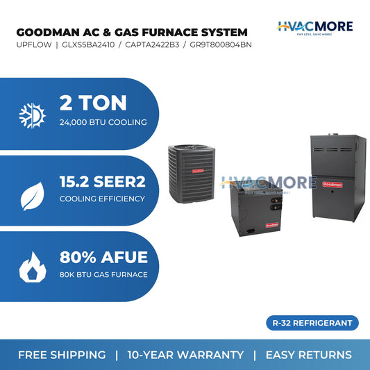 Goodman 2 Ton 15.2 SEER2 R-32 Air Conditioner + 80,000 BTU 80% AFUE Two-Stage Gas Furnace System - Upflow