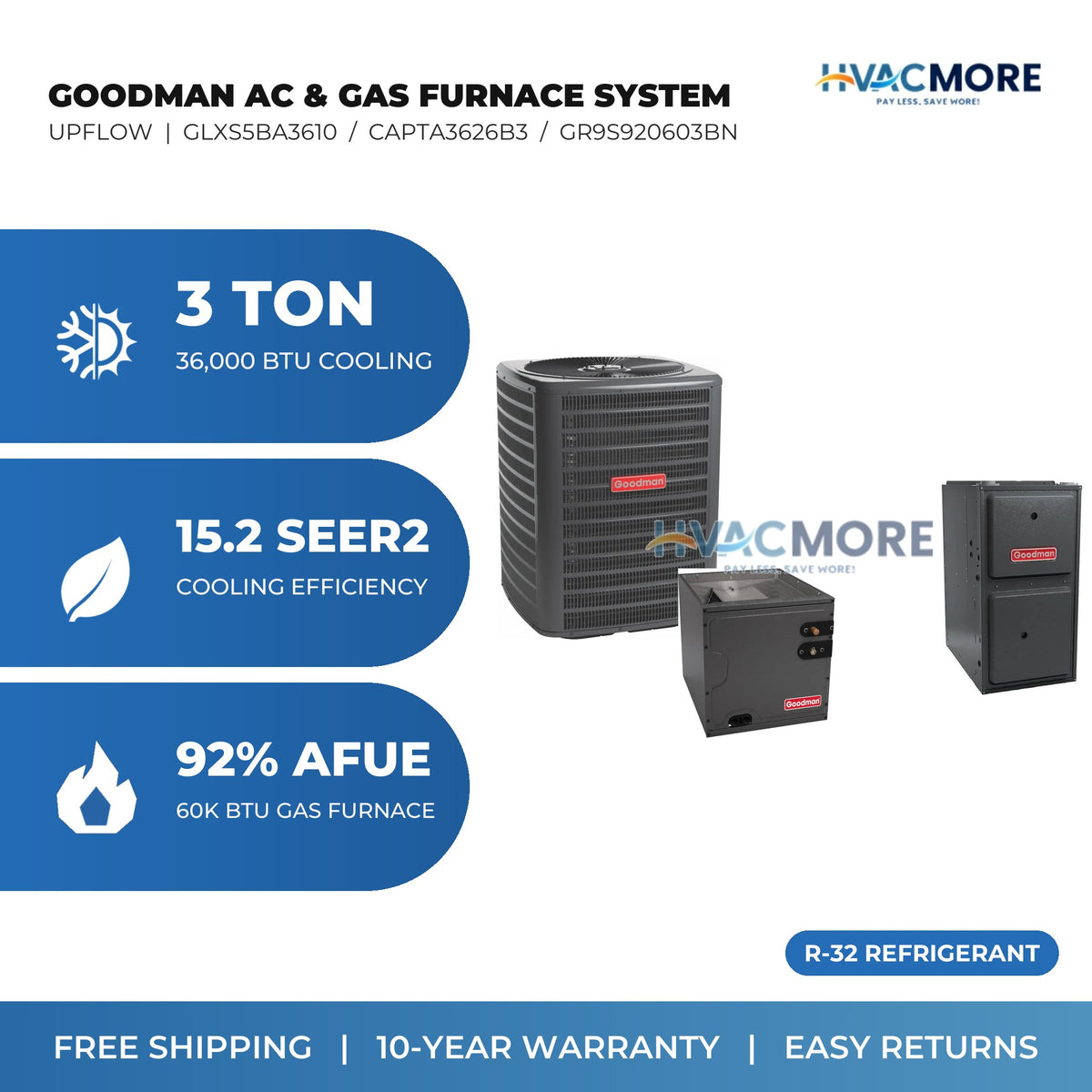 Goodman 3 Ton 15.2 SEER2 R-32 Air Conditioner + 60,000 BTU 92% AFUE Single-Stage Gas Furnace System - Upflow