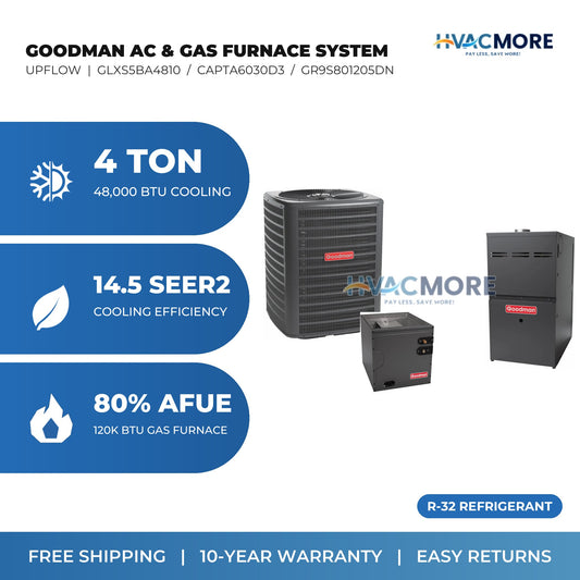 Goodman 4 Ton 14.5 SEER2 R-32 Air Conditioner + 120,000 BTU 80% AFUE Single-Stage Gas Furnace System - Upflow | GLXS5BA4810 / CAPTA6030D3 / GR9S801205DN