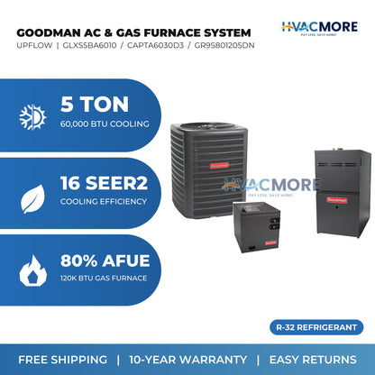 Goodman 5 Ton 16 SEER2 R-32 Air Conditioner + 120,000 BTU 80% AFUE Single-Stage Gas Furnace System - Upflow
