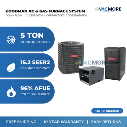 Goodman 5 Ton 15.2 SEER2 R-32 Air Conditioner + 120,000 BTU 96% AFUE Single-Stage Gas Furnace System - Downflow | GLXS5BA6010 / CHPTA6030D3 / GD9S961205DN