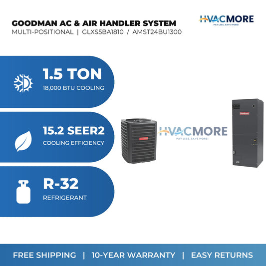 Goodman 1.5 Ton 15.2 SEER2 R-32 Air Conditioner + Air Handler Split System - Multi-Positional