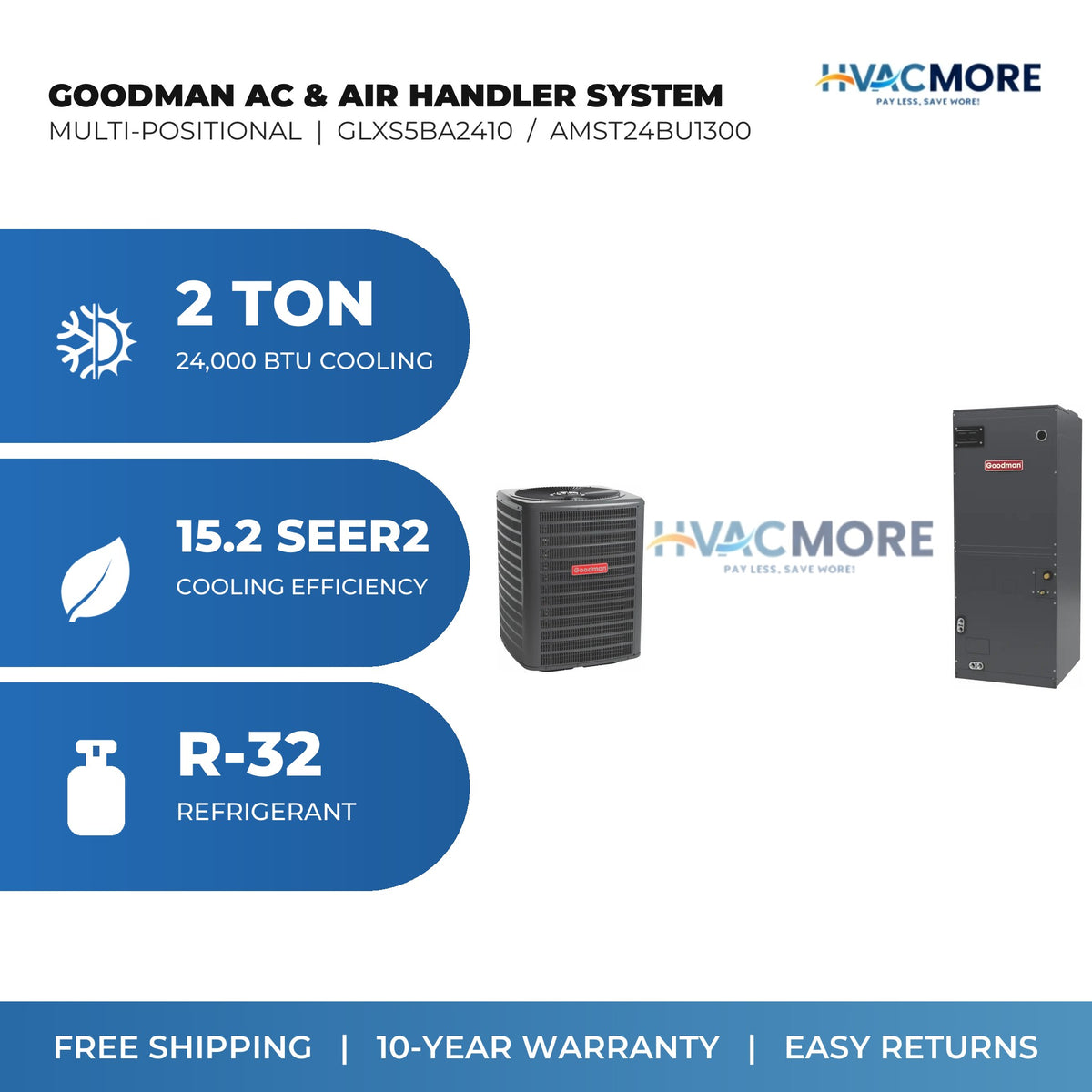 Goodman 2 Ton 15.2 SEER2 R-32 Air Conditioner + Air Handler Split System - Multi-Positional | GLXS5BA2410 / AMST24BU1300