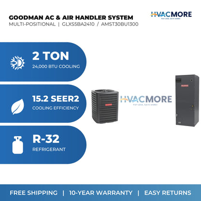 Goodman 2 Ton 15.2 SEER2 R-32 Air Conditioner + Air Handler Split System - Multi-Positional | GLXS5BA2410 / AMST30BU1300