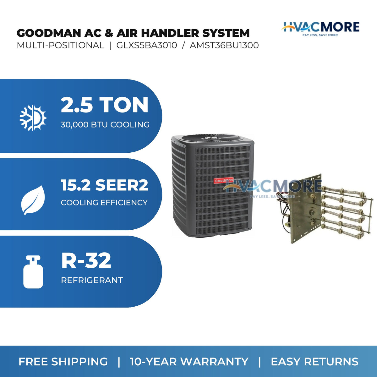 Goodman 2.5 Ton 15.2 SEER2 R-32 Air Conditioner + Air Handler Split System - Multi-Positional | GLXS5BA3010 / AMST36BU1300