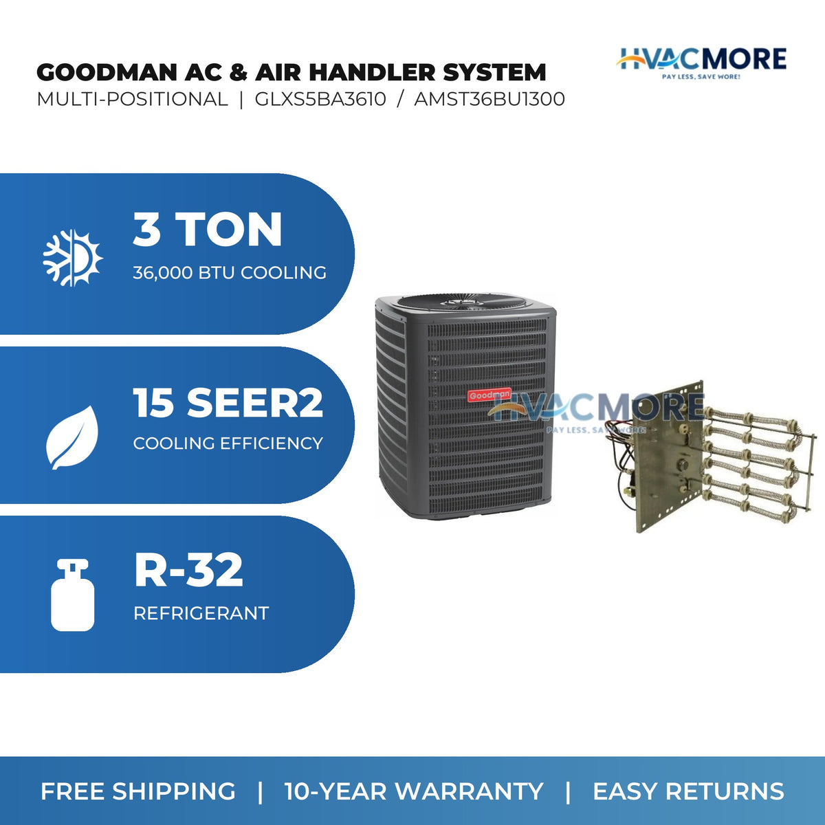 Goodman 3 Ton 15 SEER2 R-32 Air Conditioner + Air Handler Split System - Multi-Positional