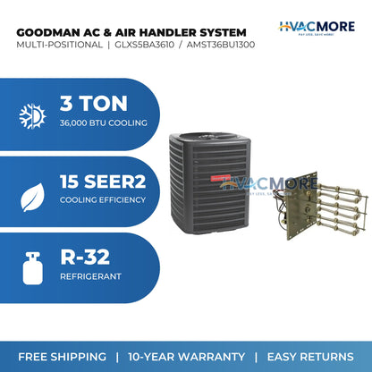 Goodman 3 Ton 15 SEER2 R-32 Air Conditioner + Air Handler Split System - Multi-Positional