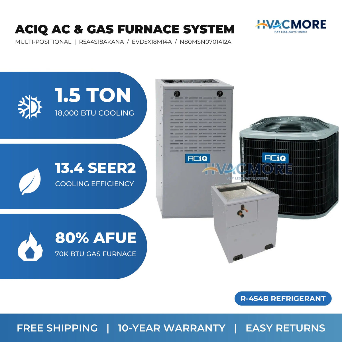 ACiQ 1.5 Ton 13.4 SEER2 R-454B Air Conditioner + 70,000 BTU 80% AFUE Single-Stage Gas Furnace System - Multi-Positional | R5A4S18AKANA / EVD5X18M14A / N80MSN0701412A