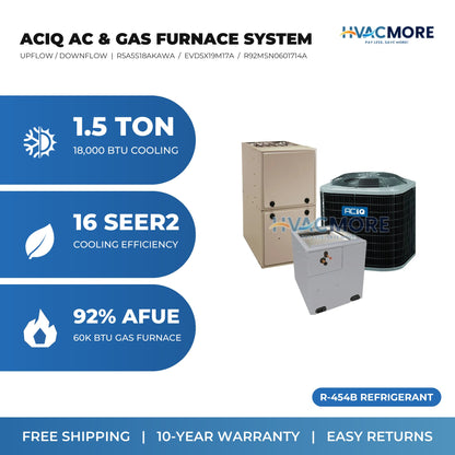 ACiQ 1.5 Ton 16 SEER2 R-454B Air Conditioner + 60,000 BTU 92% AFUE Single-Stage Gas Furnace System - Upflow / Downflow
