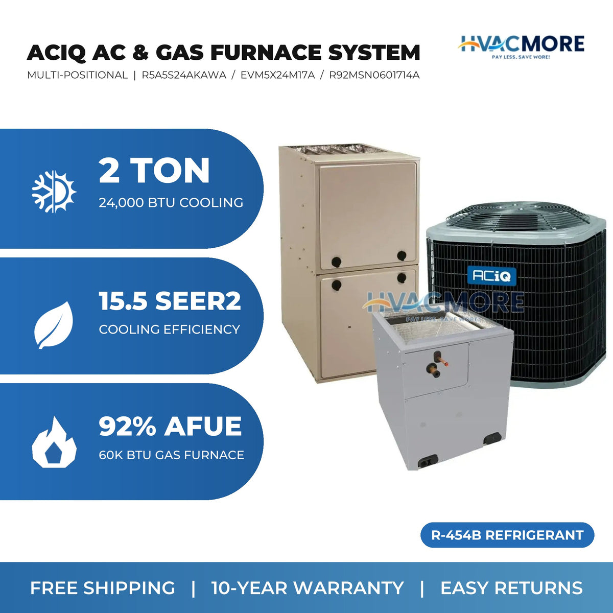 ACiQ 2 Ton 15.5 SEER2 R-454B Air Conditioner + 60,000 BTU 92% AFUE Single-Stage Gas Furnace System - Multi-Positional