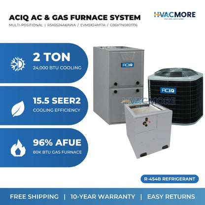 ACiQ 2 Ton 15.5 SEER2 R-454B Air Conditioner + 80,000 BTU 96% AFUE Two-Stage Gas Furnace System - Multi-Positional
